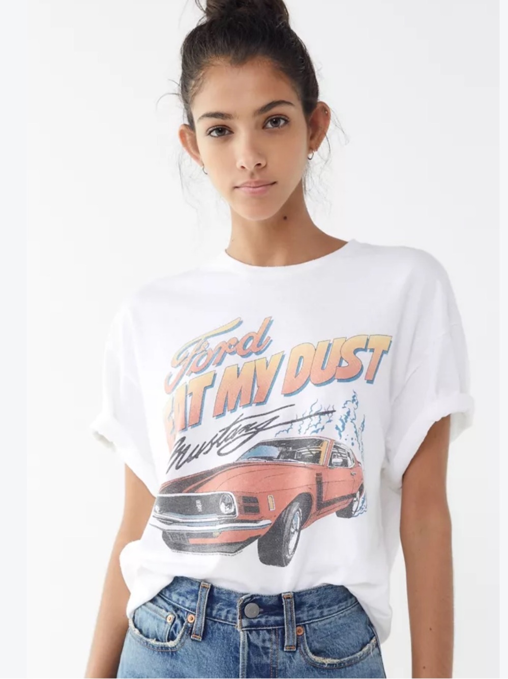 URBAN OUTFITTERS White Graphic Mustang 'Eat My Dust' Tee